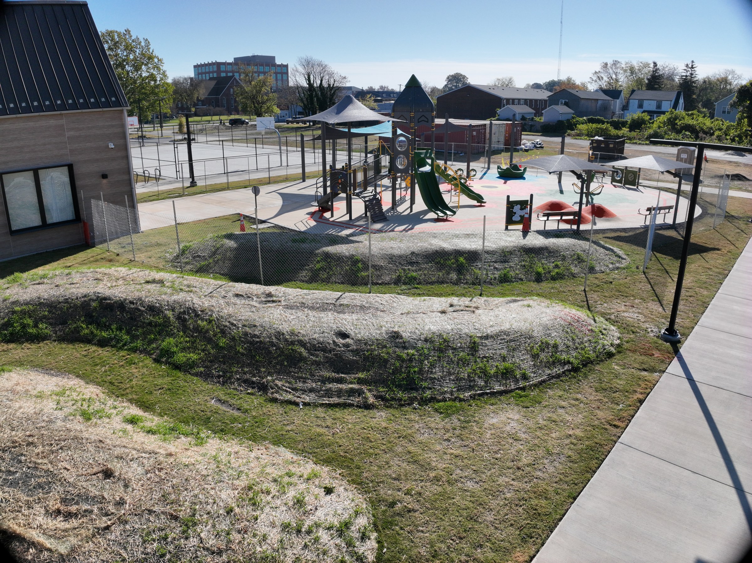 The play equipment and sculpted ground forms during the later stages of construction.